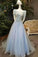 Scoop Neck Tulle A-Line Prom Dresses Lace Up With Beaded Bodice Short Sleeves