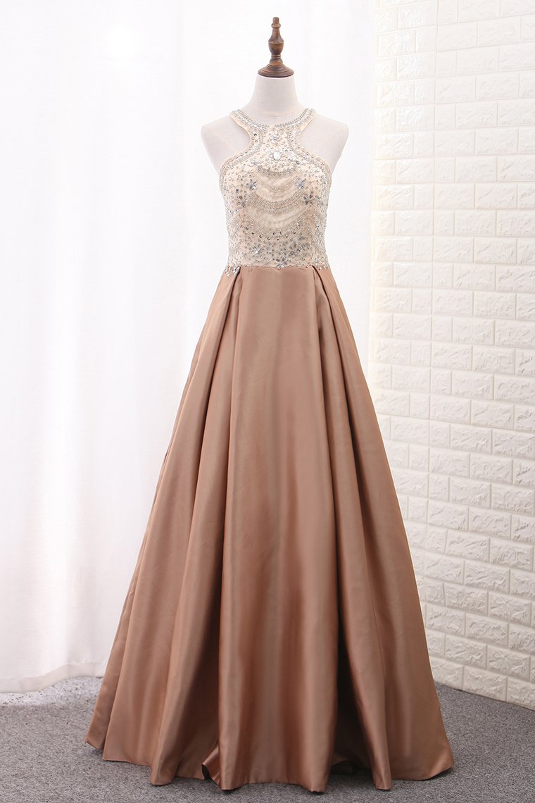 Satin Scoop A Line With Beads Sweep Train Prom Dresses