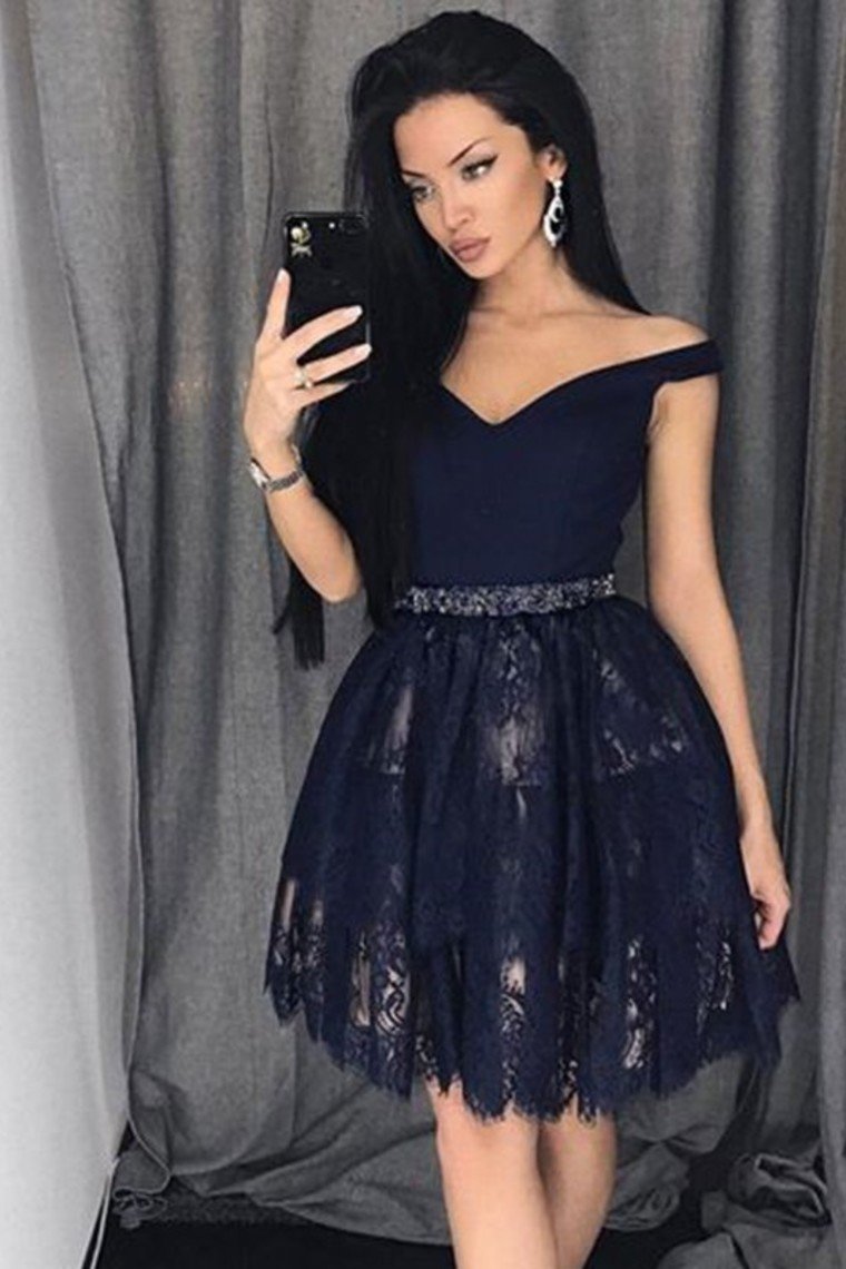 Homecoming Dresses A-Line Off-The-Shoulder Black Lace