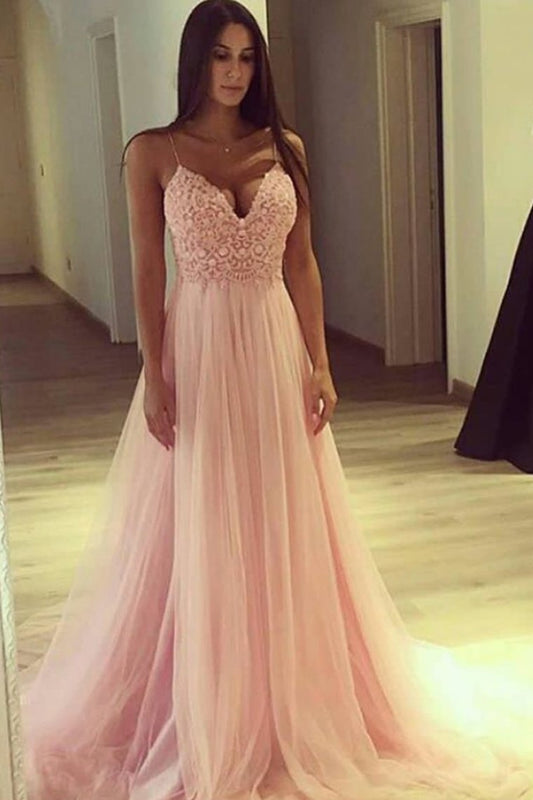 New Arrival Spaghetti Straps Prom Dresses Tulle With Applique And Beads