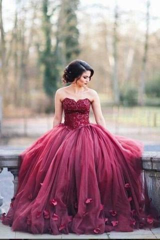 A-line Charming Long Puffy Burgundy Strapless Sleeveless Tulle Appliques Prom Dresses uk BD501