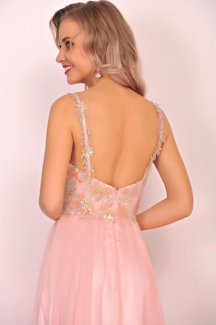 A Line Spaghetti Straps Prom Dresses Chiffon With Beads And Applique