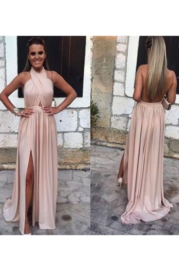 Sexy Open Back Halter Evening Dresses A Line With Slit Chiffon