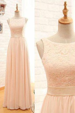 Blush Pink Lace Chiffon Scoop Sleeveless A-Line Zipper Floor-Length Long Bridesmaid Dresses WK34