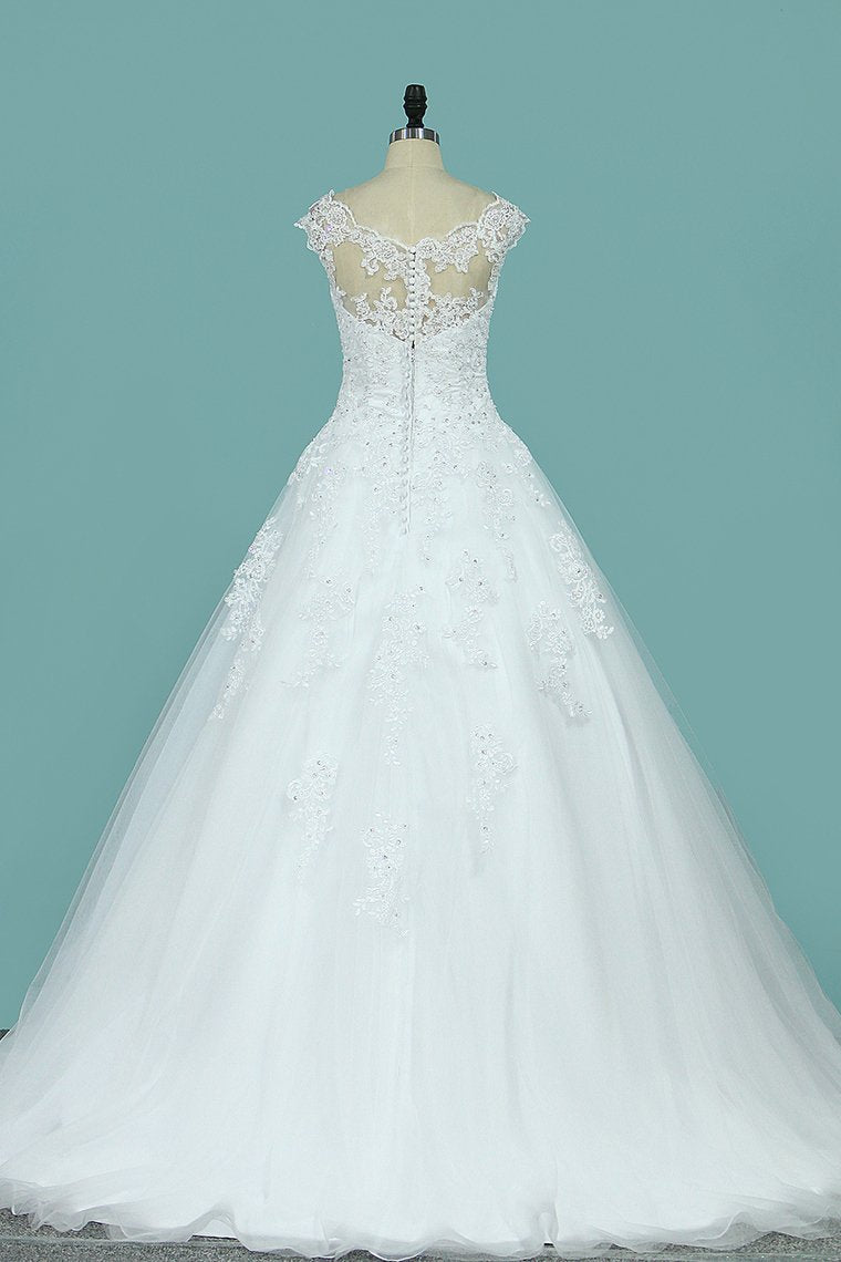 A Line Scoop Tulle With Applique Wedding Dresses Court Train