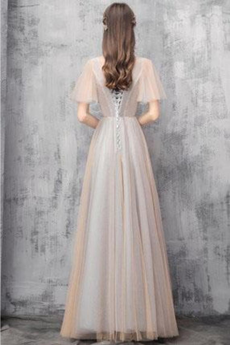 Elegant V Neck Floor Length Tulle Prom Dress, Bridesmaid Dresses