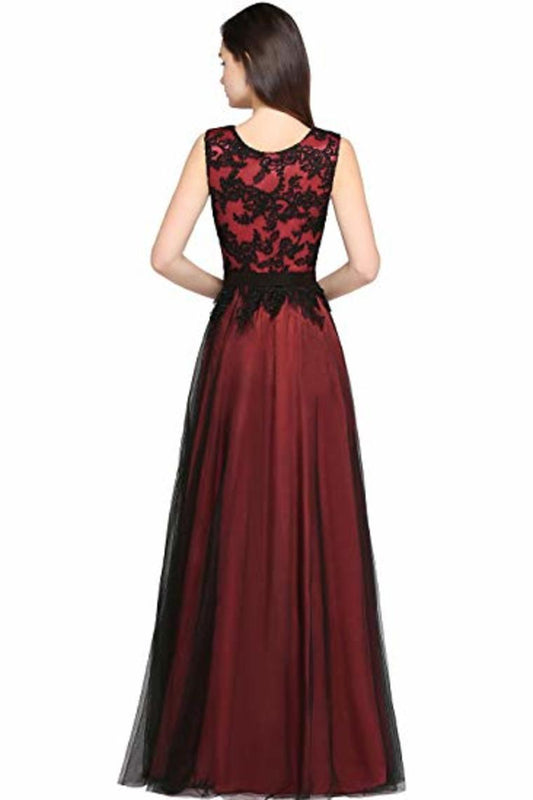 Lace Tulle Round Neck A Line Sleeveless Wedding Bridesmaid Long Evening  Festive Party Dress