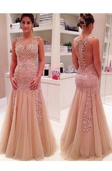 Sexy Mermaid V Neck Champagne Backless Long Prom Dresses WK645