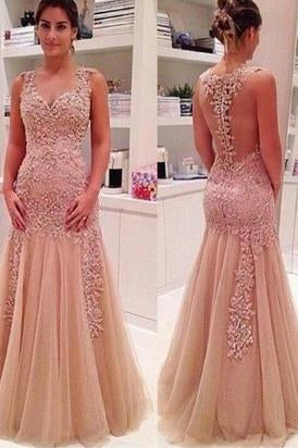 Sexy Mermaid V Neck Champagne Backless Long Prom Dresses WK645