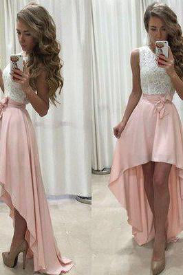 New Arrival Sexy Unique High Low Sleeveless Pink White Chiffon Scoop Prom Dresses WK771
