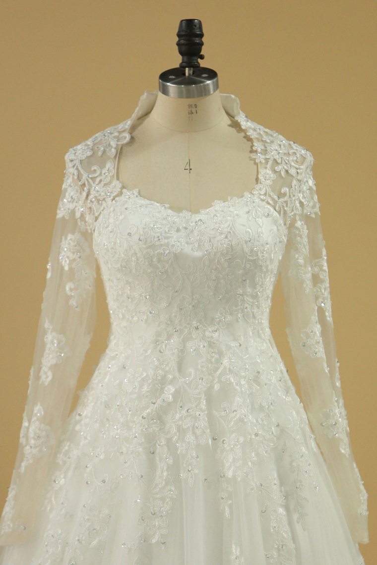 Long Sleeves Wedding Dresses Tulle With Applique A Line