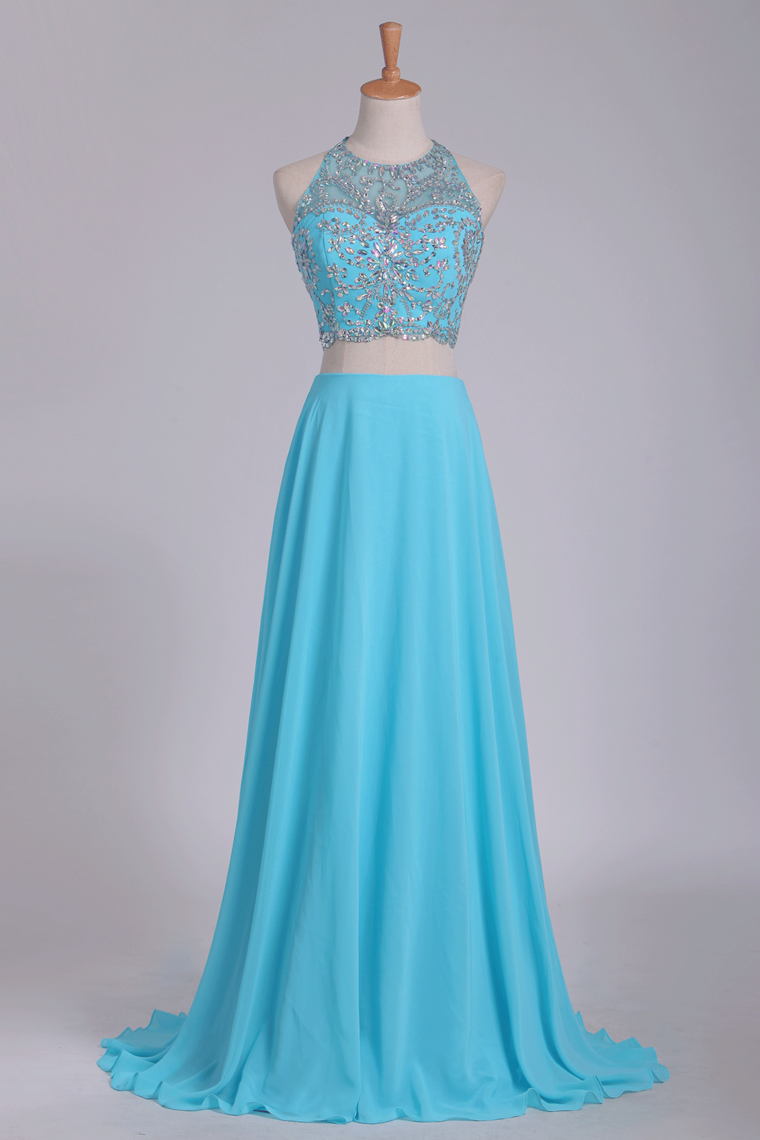 Two Pieces Halter Beaded Bodice A Line Prom Dress Chiffon