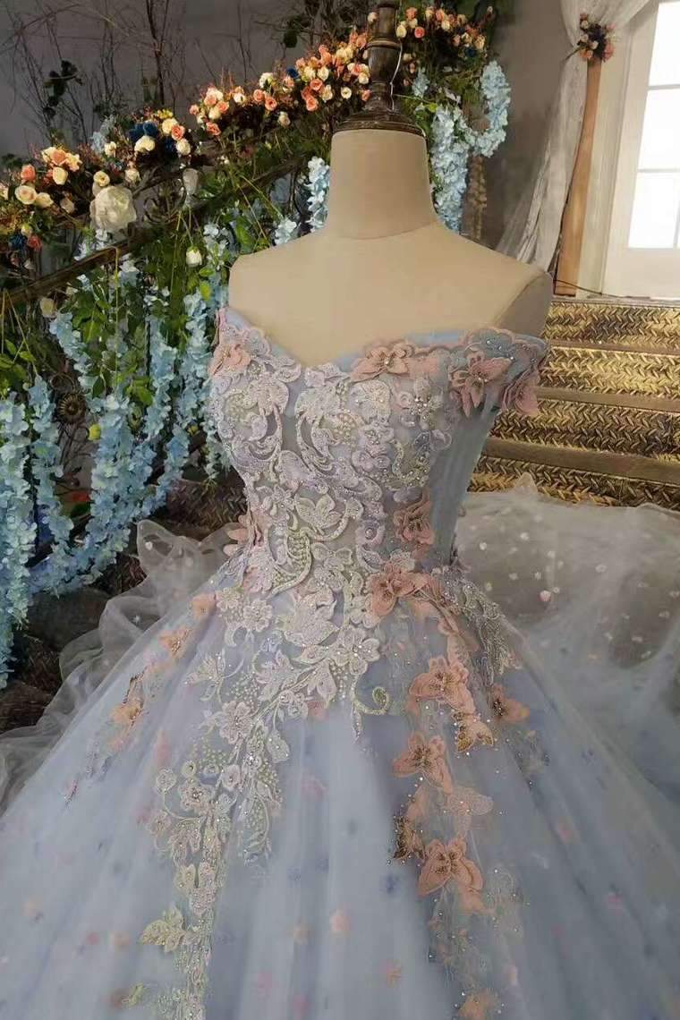 Floral Wedding Dresses Lace Up Off The Shoulder  With Appliques And Handmade Flowers