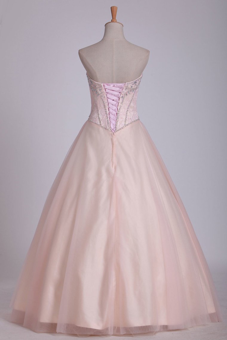 A Line Prom Dresses Sweetheart Tulle With Beading Lace Up