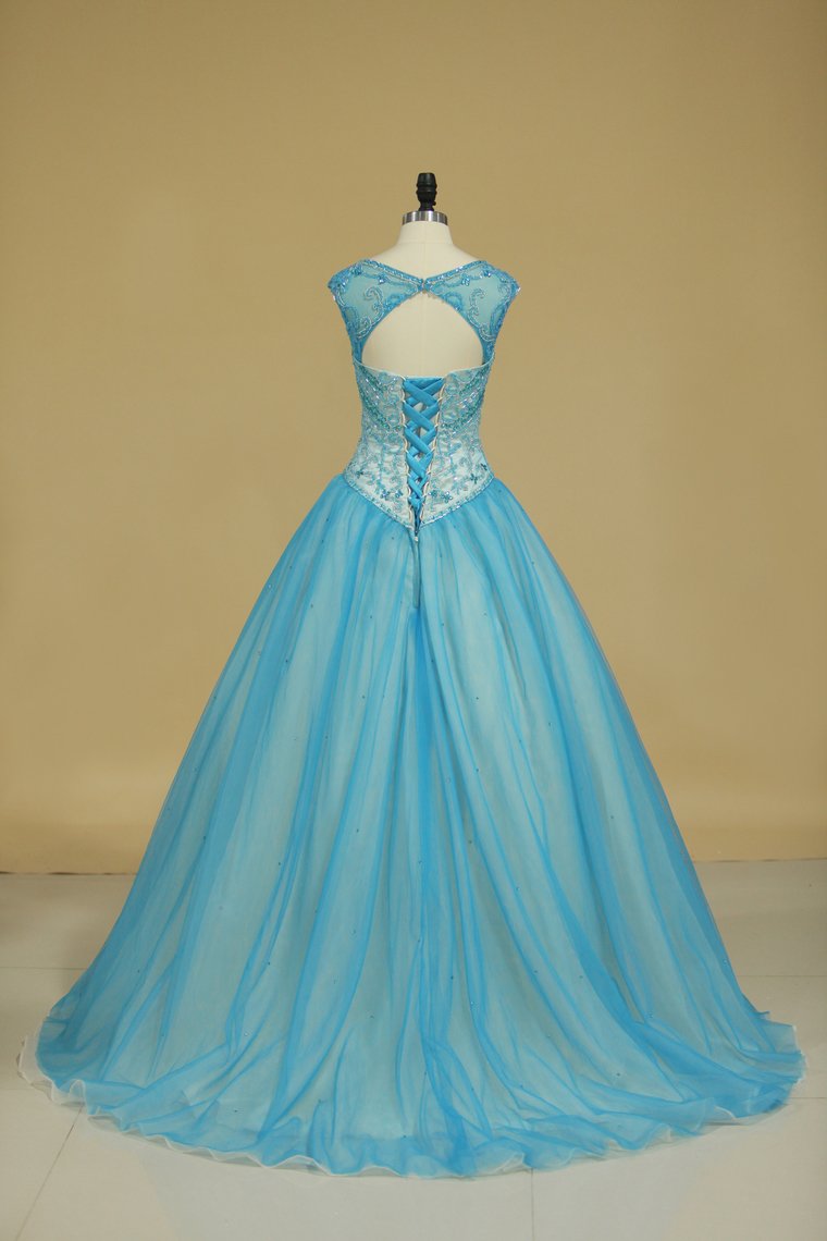 New Arrival Bateau Beaded Bodice Ball Gown Quinceanera Dresses Tulle Court Train