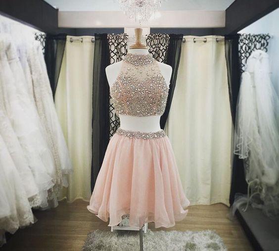 2024 Two Pieces Halter Cute Mini Blush Pink Sexy Short Homecoming Dresses WK925