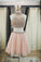 2024 Two Pieces Halter Cute Mini Blush Pink Sexy Short Homecoming Dresses WK925