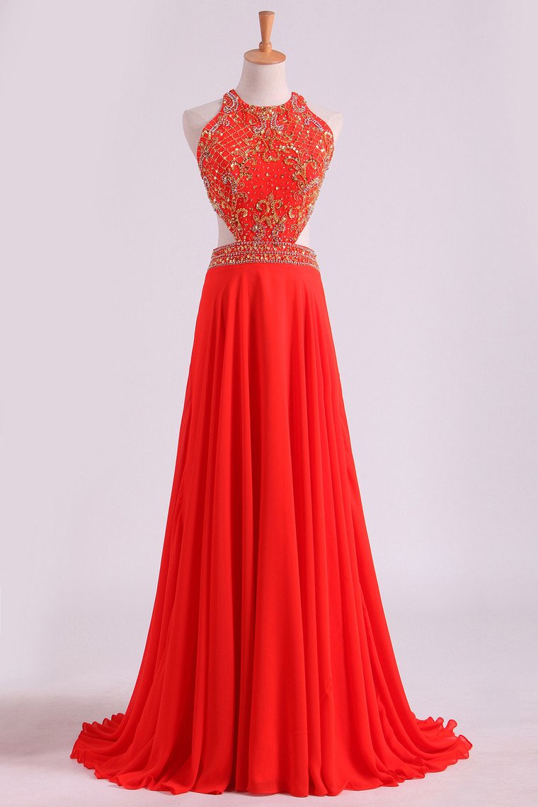 Prom Dresses Scoop A Line Orange Red Chiffon With Beading Sweep Train