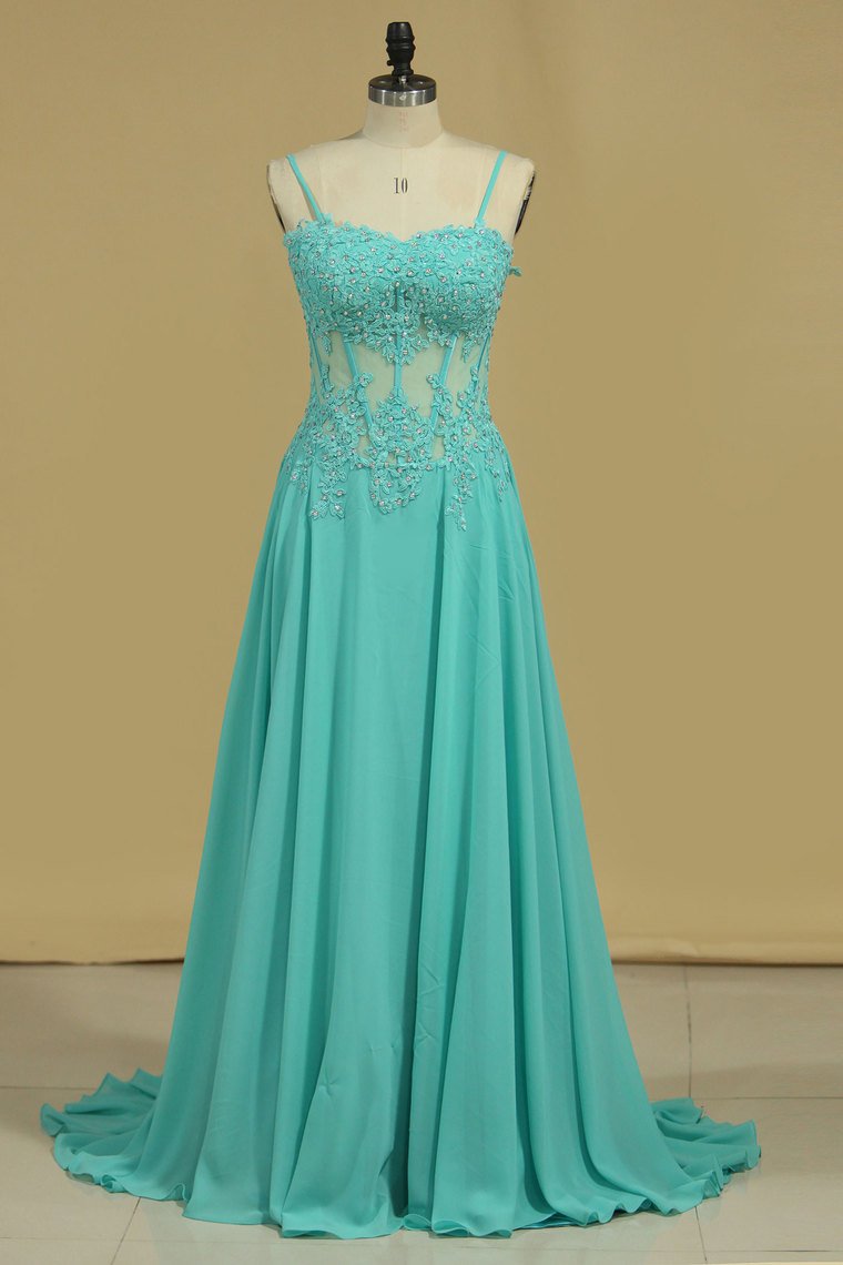 Chiffon Spaghetti Straps With Applique A Line Floor Length Prom Dresses