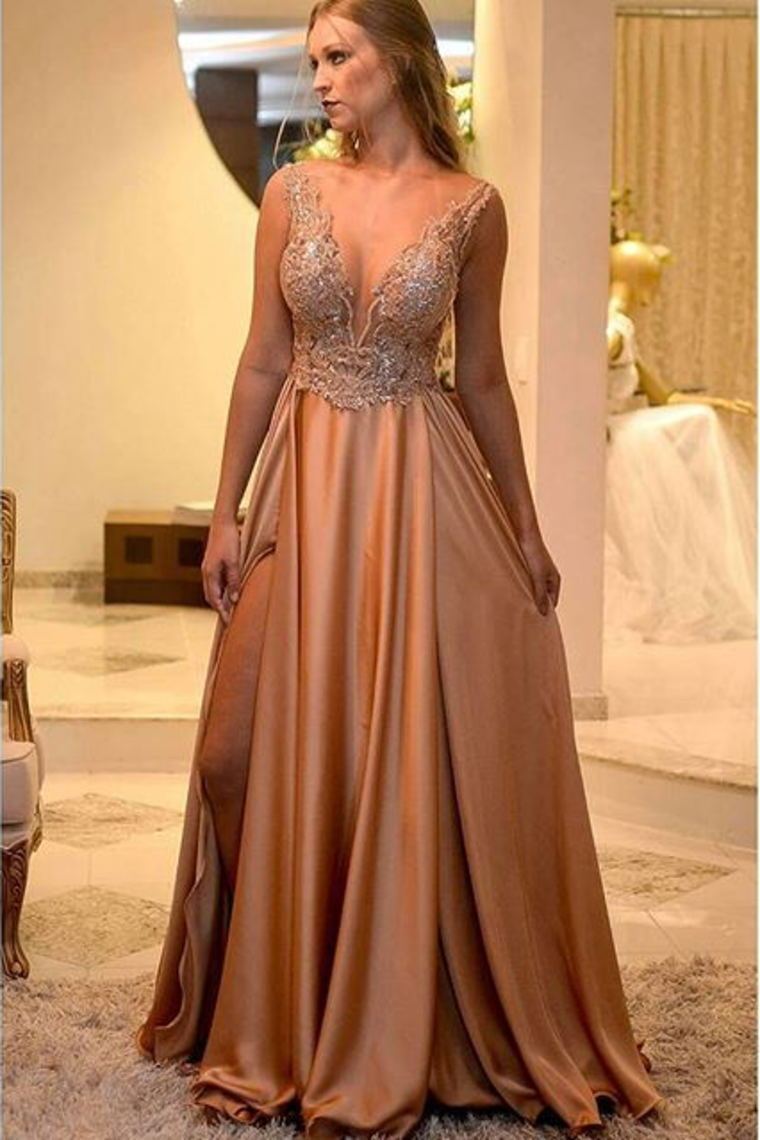 New Arrival A Line Deep V Neck Prom Dresses Satin With Beads&Rhinestones