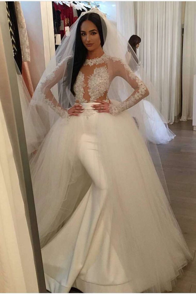 Mermaid Scoop Long Sleeves Stretch Satin Wedding Dresses With Tulle Detachable Train