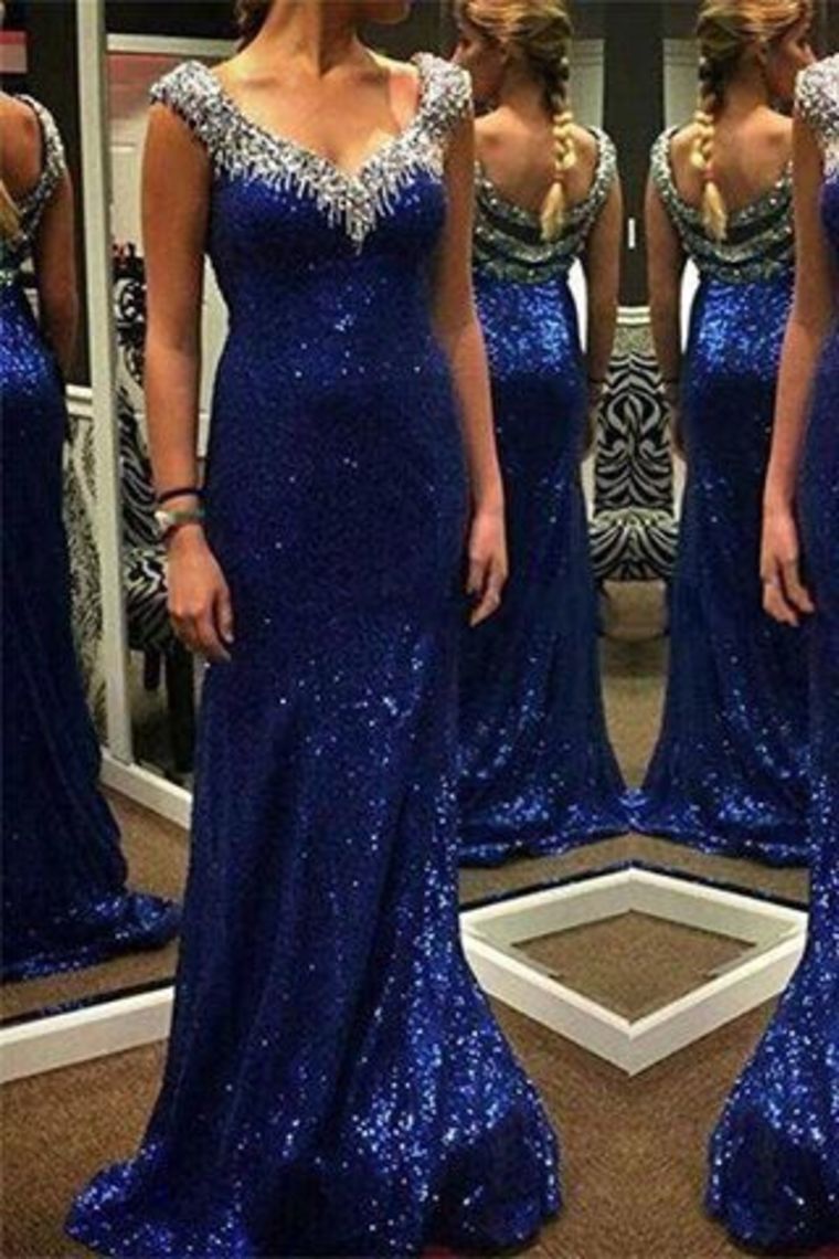 Bling Bling Evening Dresses Mermaid V Neck Sweep/Brush Sequins Lace With Rhinestones