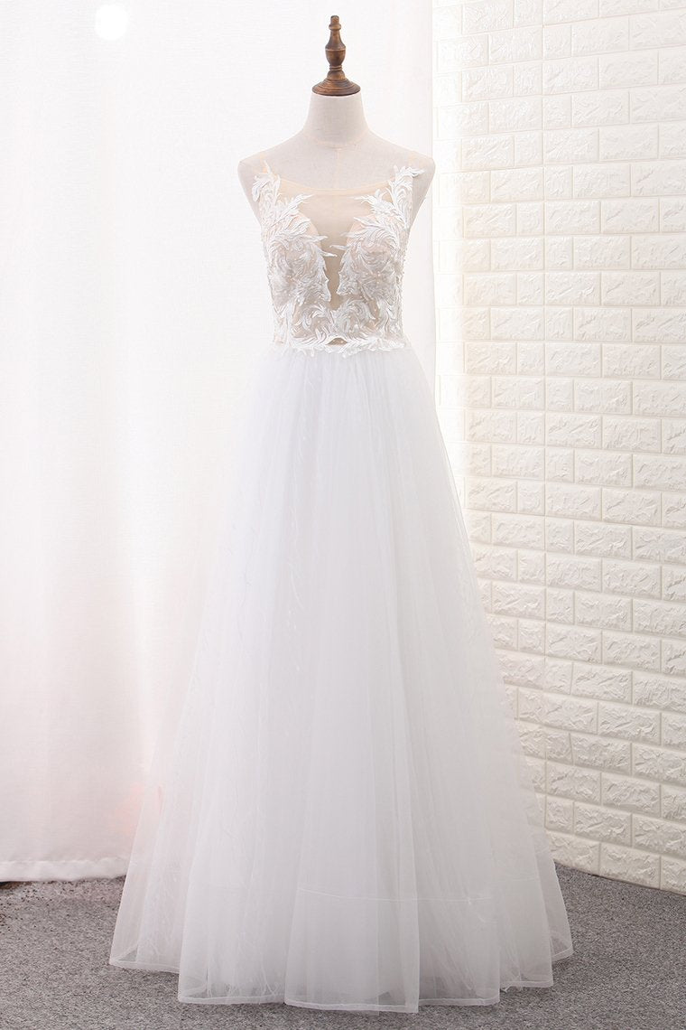 A Line Tulle & Lace Scoop Wedding Dresses With Applique Floor Length