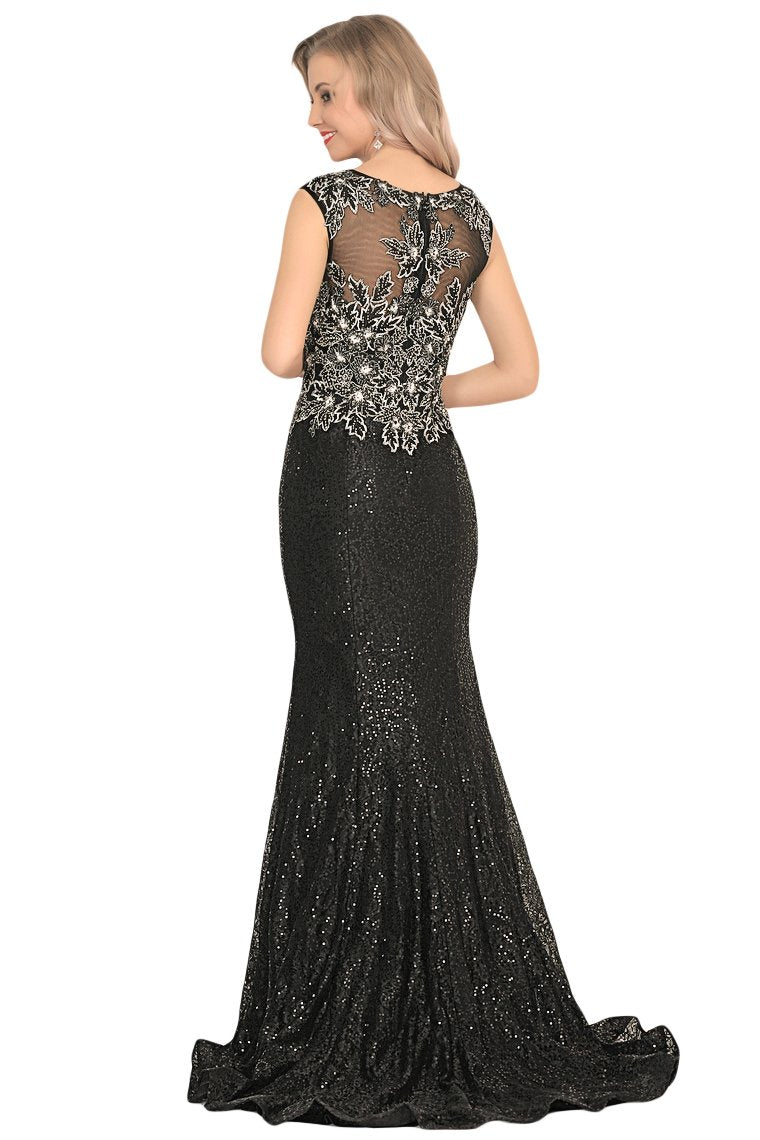 Scoop Prom Dresses Mermaid Sequins With Beading Sweep Train