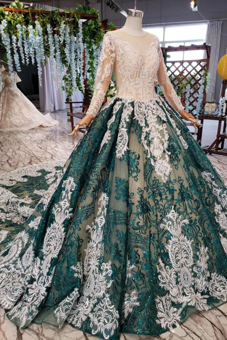 Green Long Sleeves Ball Gown Lace Prom Dress With Appliques, Long Prom Gown