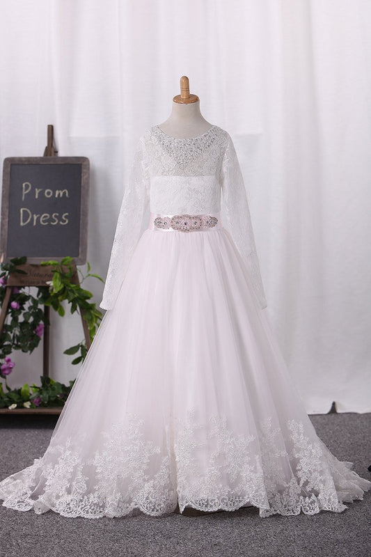 Scoop Tulle Lace Bodice With Sash/Belt Flower Girl Dresses Ball Gown