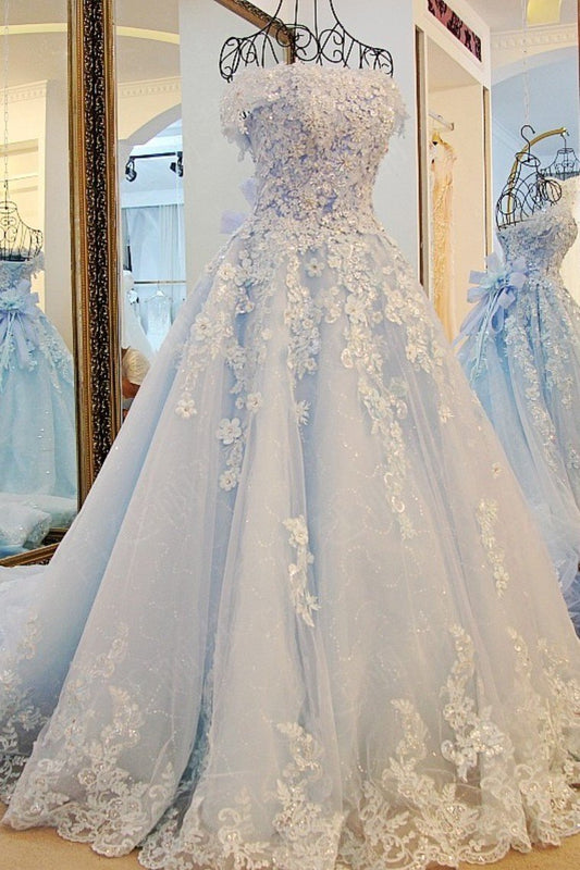 New Arrival Luxury Floral Wedding Dresses A-Line Court Train Tulle With Beads And Bow Knot