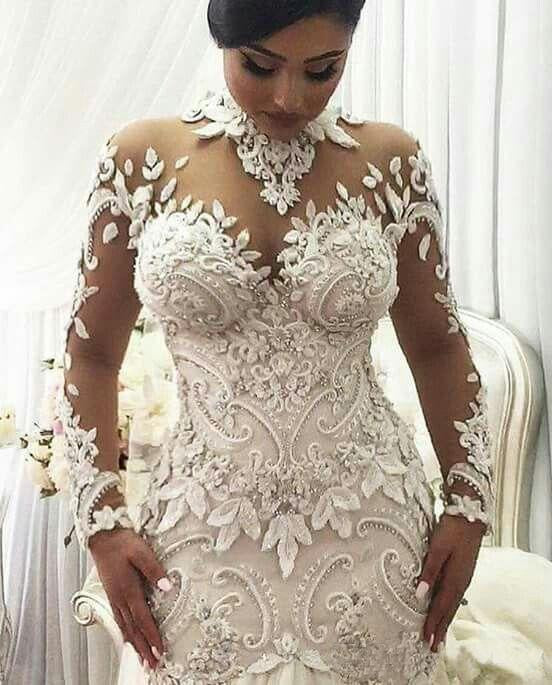 Luxury Crystal Beaded Appliques Mermaid High Neck Long Sleeves Wedding Gowns WK234