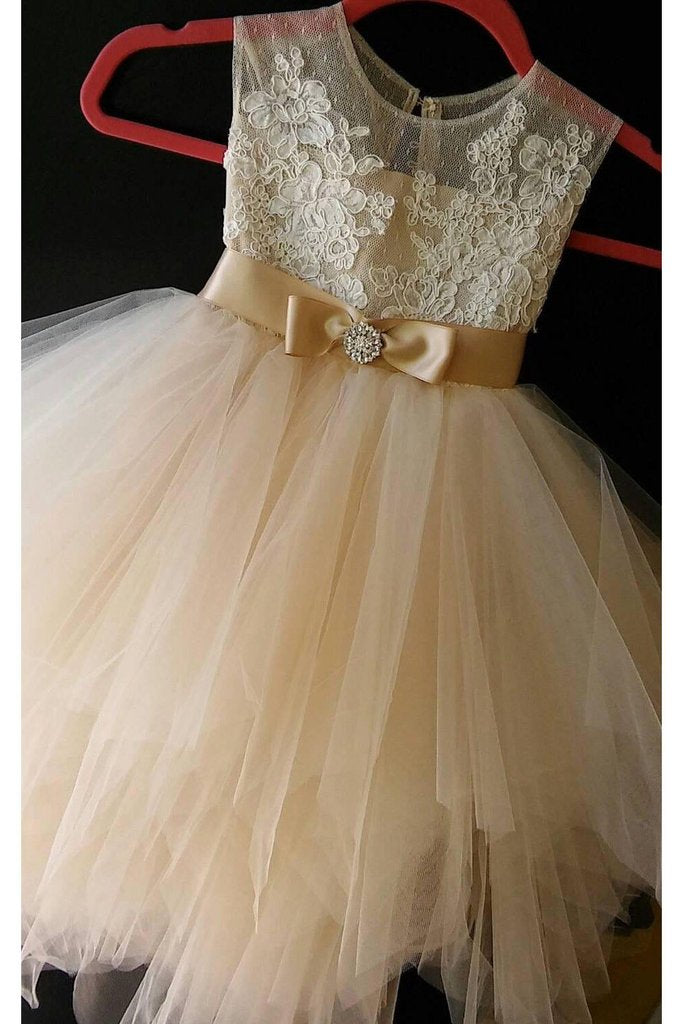 Cheap Tulle Flower Girl Dress with Lace Cute Flower Girl Dress with Bow Belt WK886