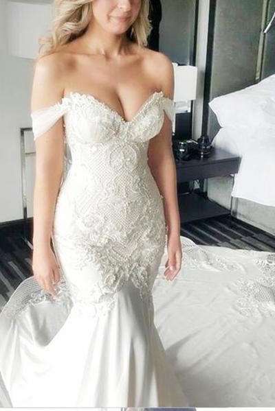 Mermaid Off-the-Shoulder Ivory Lace Long Cheap Sweetheart Backless Plus Size Wedding Dress WK619
