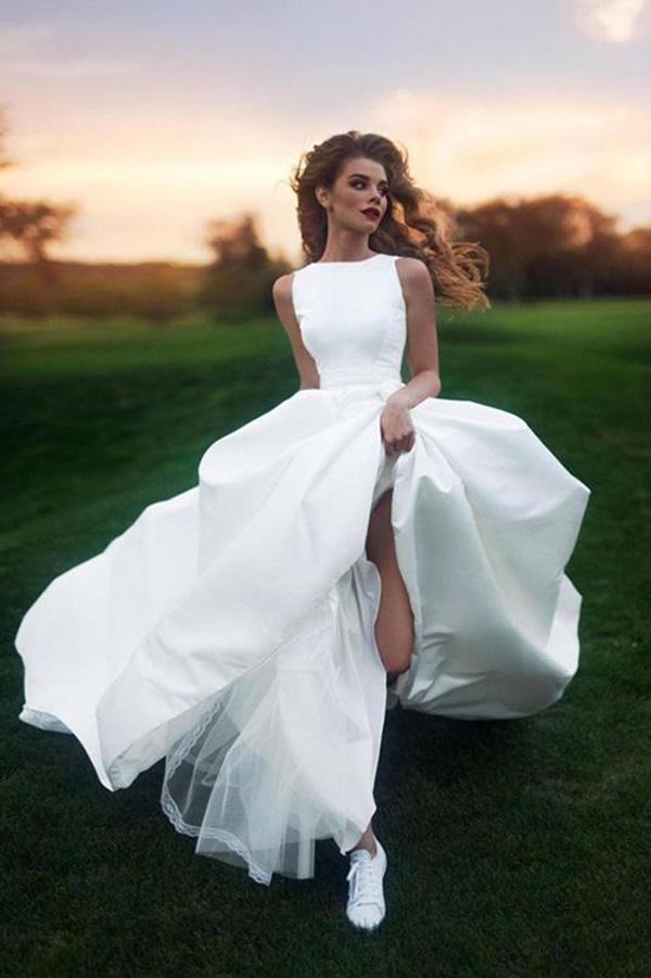 Elegant A-line Bateau Ivory Sleeveless Satin Prom Dress Simple Wedding Dress WK443