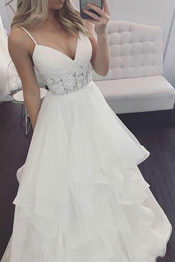 Elegant A Line V Neck Spaghetti Straps Ivory Organza Long Wedding Dresses with Lace WK974