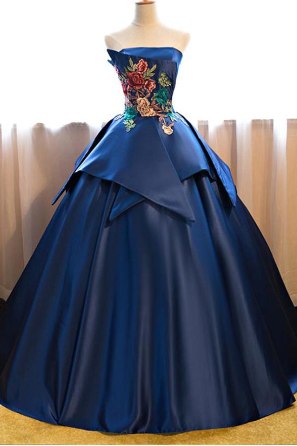 Dark Blue Ball Gown Satin Strapless Lace up Appliques Long Prom Quinceanera Dress WK602