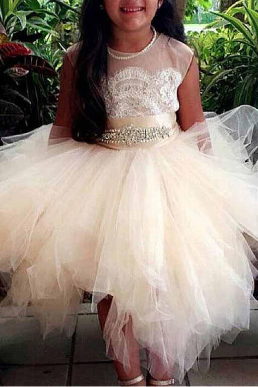 A-Line Tulle Beads Appliques Scoop Blush Pink Button Cap Sleeve Flower Girl Dresses WK888