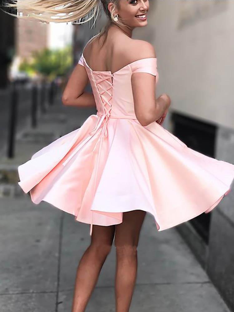 Cute A Line Off the Shoulder Open Back Sweetheart Pink Satin Short Homecoming Dresses WK03