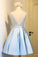 Sky Blue A-Line V-Neck Short Prom Dresses Appliques Lace Homecoming Dresses WK568