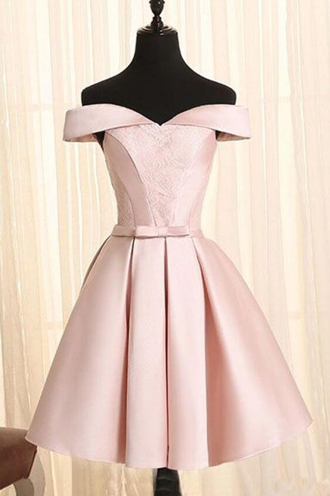 Simple A Line Off the Shoulder Pearl Pink Satin Short Homecoming Dresses with Lace WK923