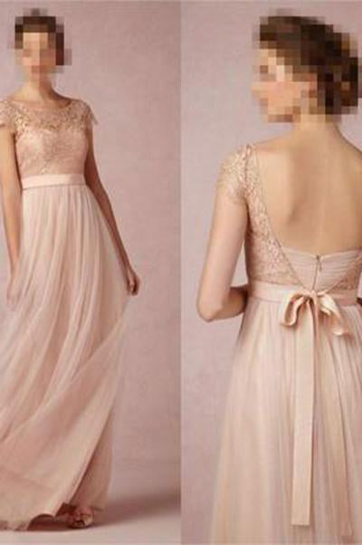 2024 Cap Sleeve A-Line Lace Chiffon Long Elegant Backless Bridesmaid Dress WK155