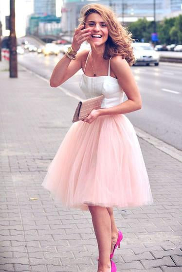 Simple Two Pieces A-line Scoop Spaghetti Straps Tulle Ruffles Short Homecoming Dresses WK942