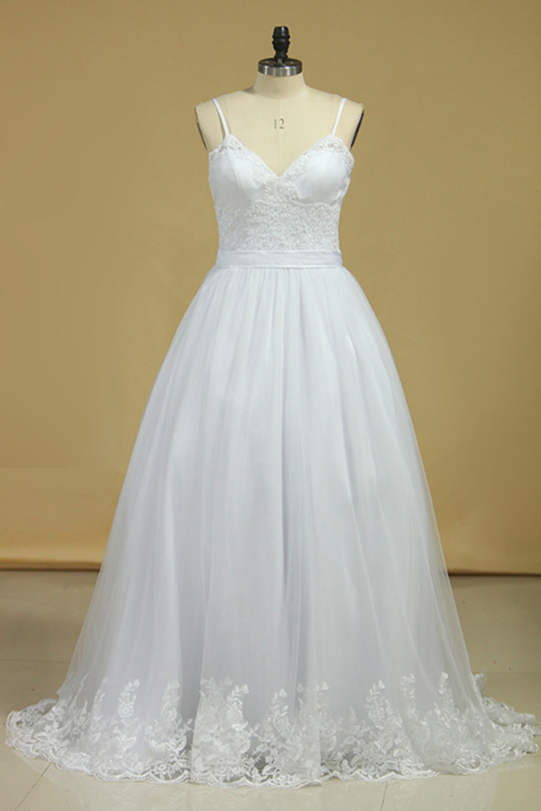 Wedding Dresses Spaghetti Straps Tulle With Applique And SWKPFGDEMAQ