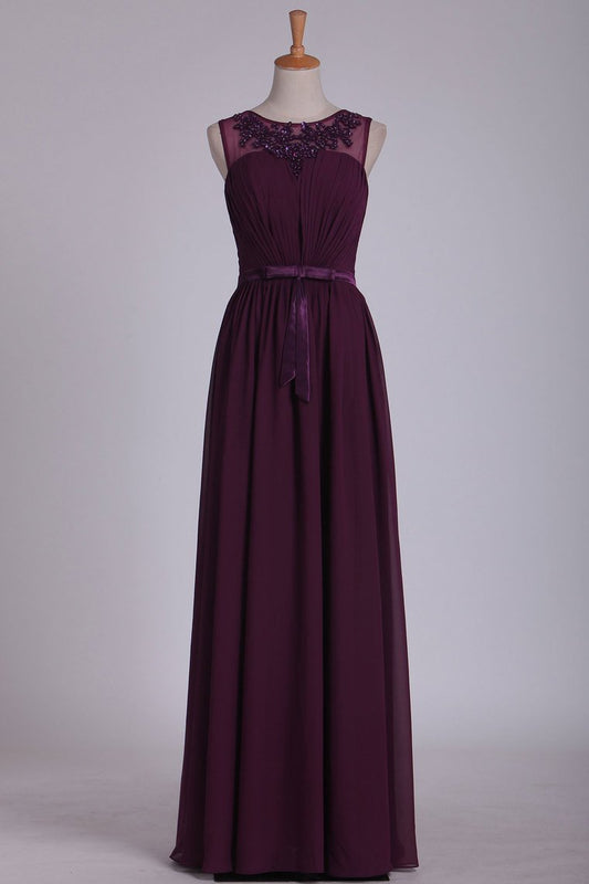 A Line Scoop With Ruffles And Sash Chiffon Evening Dresses