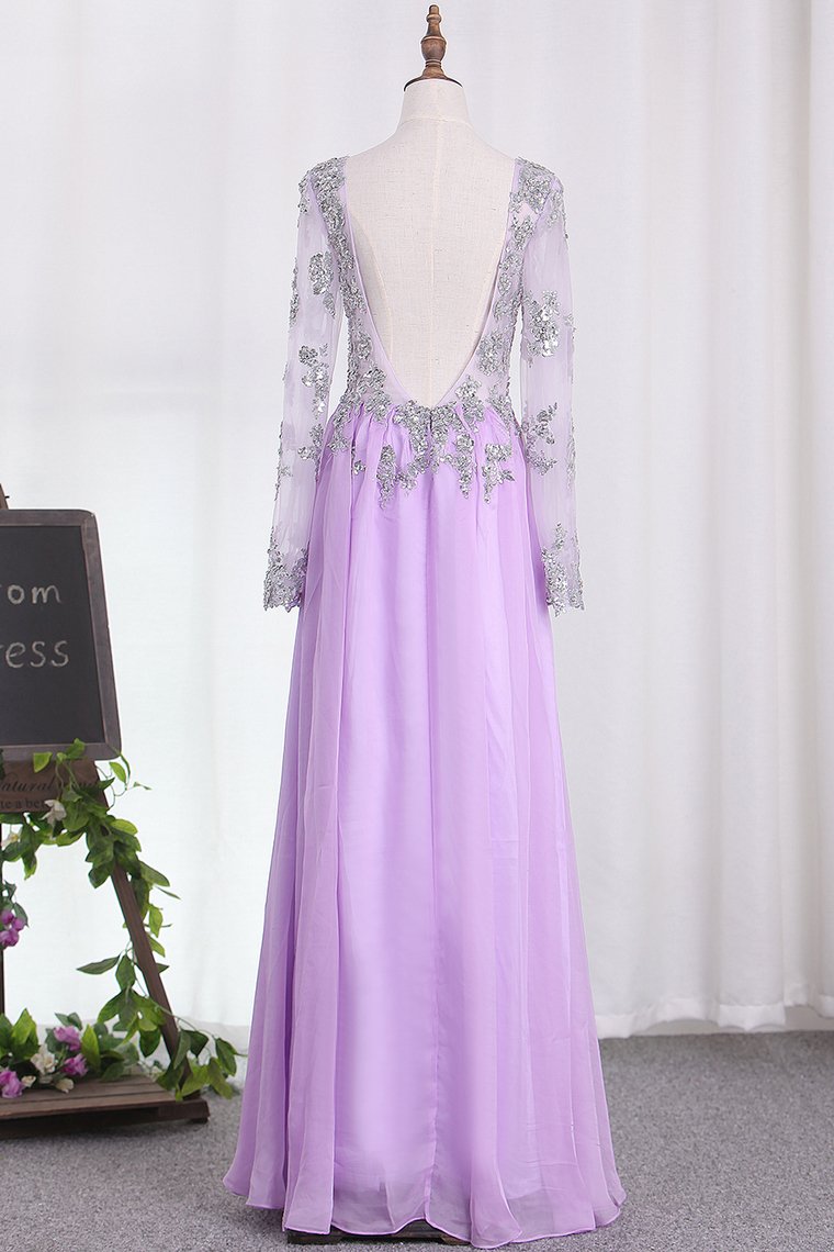 2024 A Line Long Sleeves Scoop Chiffon Prom Dresses With Applique