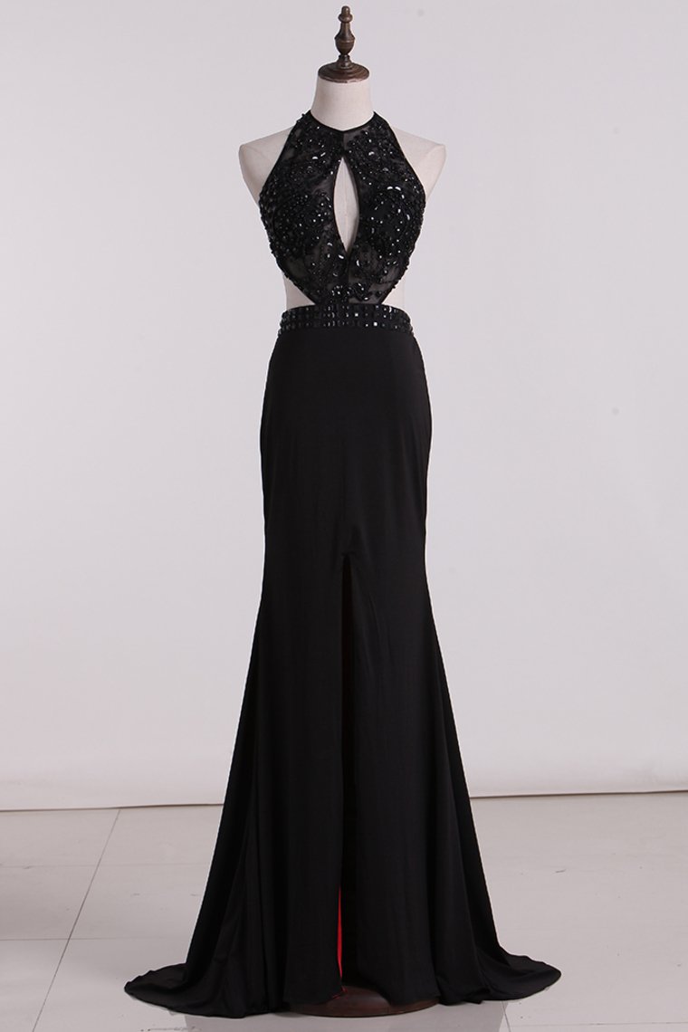 See-Through Scoop Open Back Prom Dresses Spandex With Beads And Slit