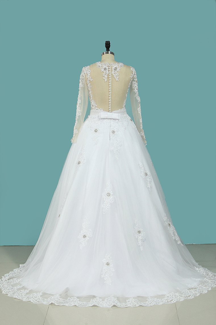 A Line Scoop Wedding Dresses Long Sleeves Tulle With Applique & Beading Detachable Skirt Chapel Train