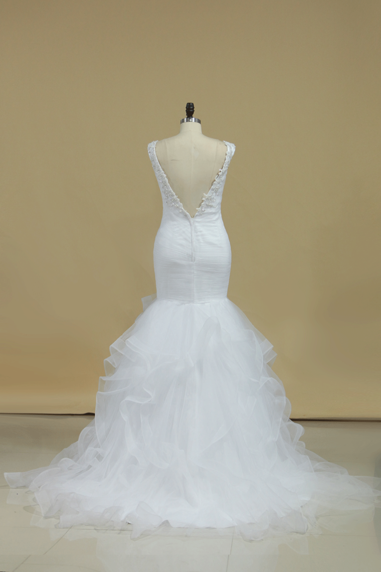 V Neck Mermaid Wedding Dresses Tulle With Applique And Ruffles Chapel Train