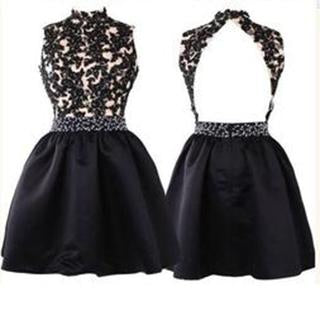 Elegant Short Open Back Lace Black Fitted Halter Cute Mini Homecoming Dresses WK245